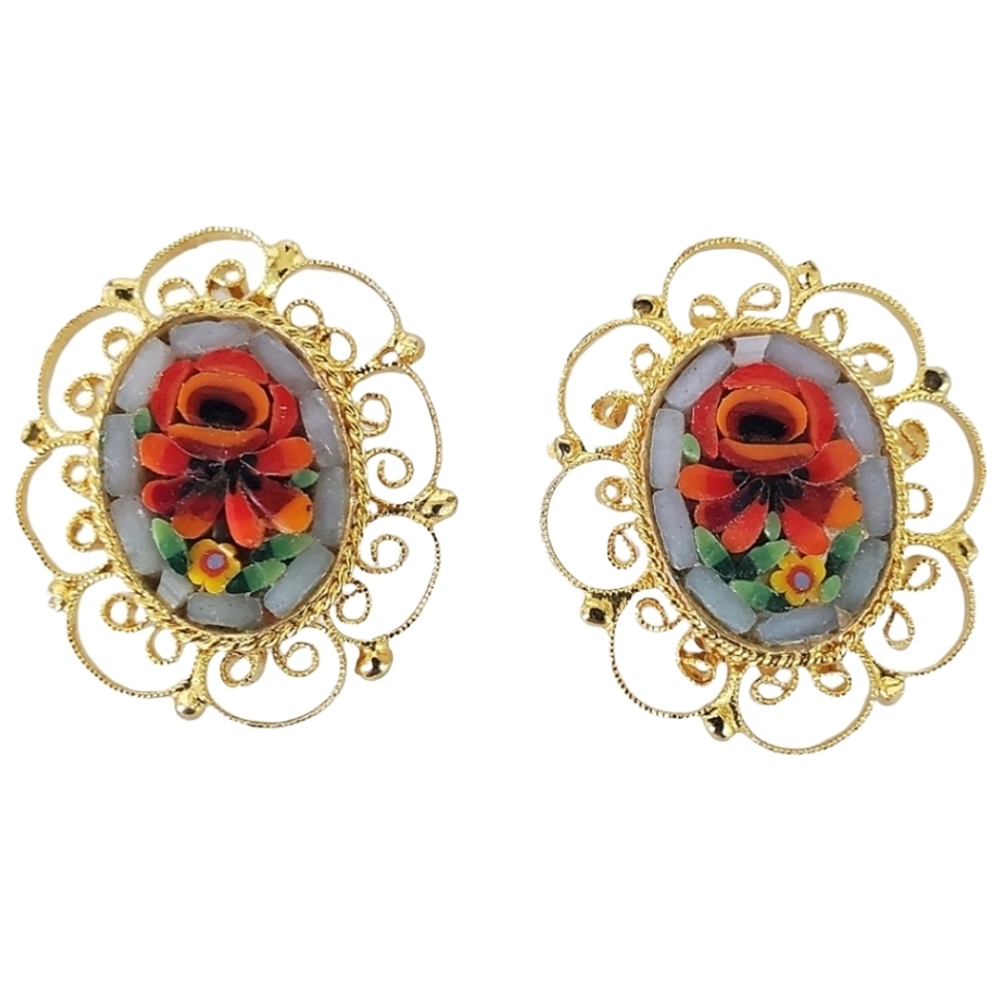Italian Micro Mosaic Glass Floral Filigree 1940 Gold Clip On Earrings